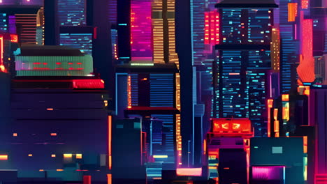 neon-lit skyscrapers in futuristic cityscape animation with vibrant colors and lights
