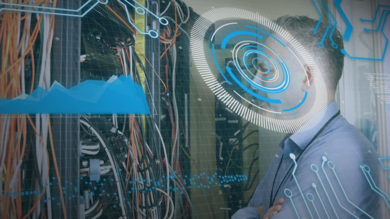 animación de escaneo de alcance y azul con auriculares vr cerebro sobre el hombre con auriculares vr