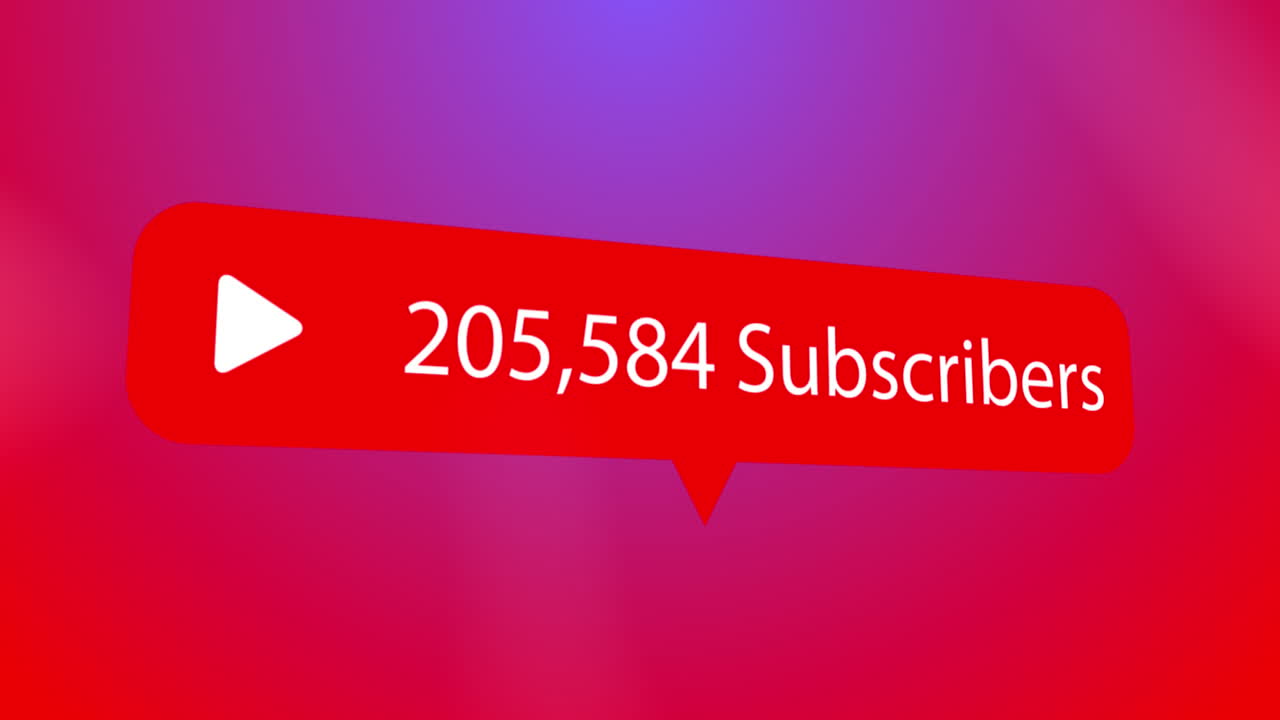 icono del botón de reproducción, el texto de los suscriptores y el aumento de los números en la burbuja de voz contra un fondo rojo