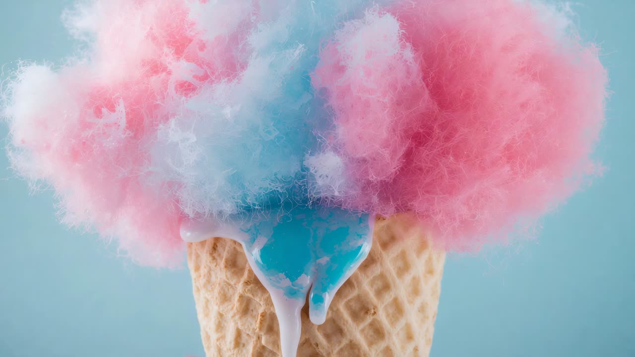 Melting waffle cone releasing glossy blue syrup while studio lights warming cotton-fluff edges