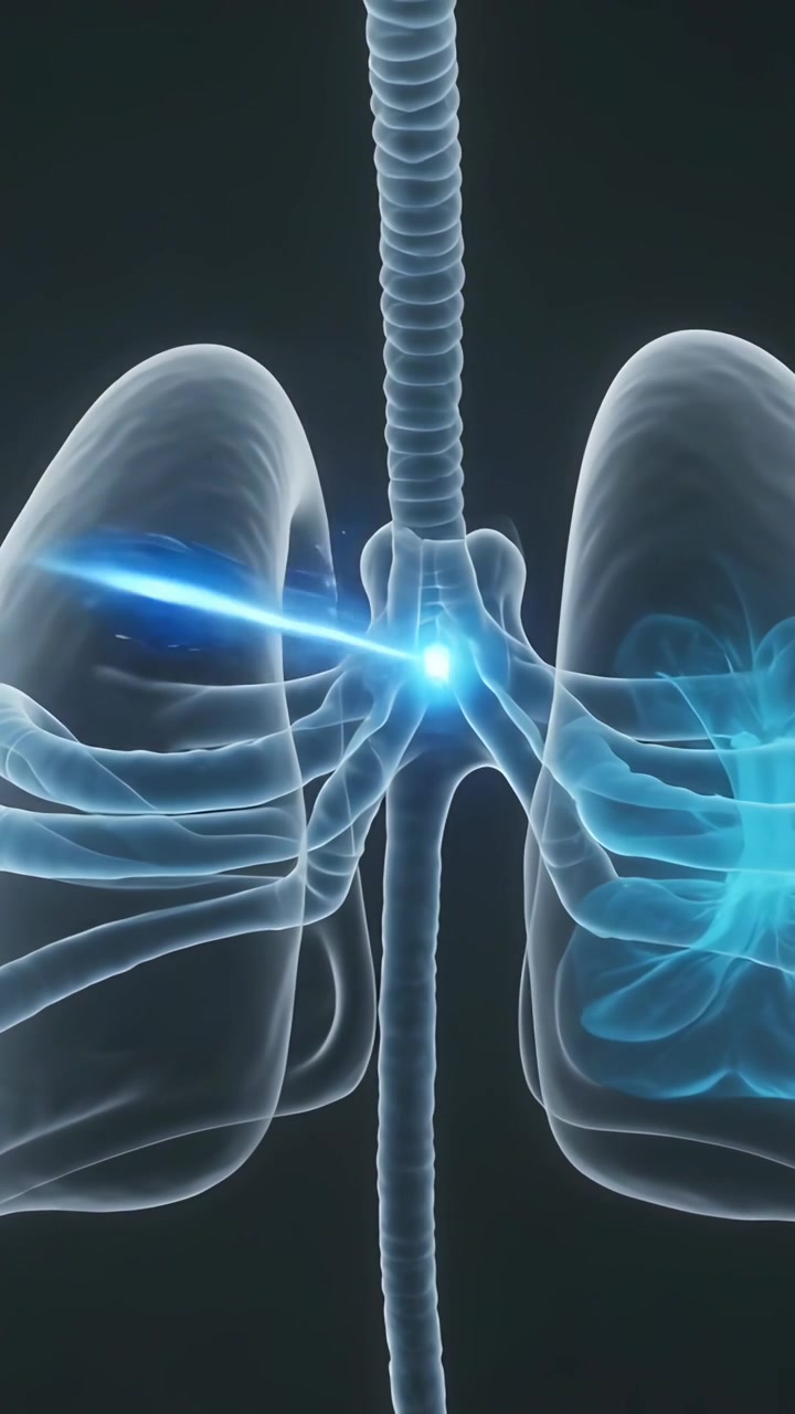 Video verticale: Un fascio luminoso colpisce la carena tracheale in clinica, illuminando i bronchi destri e mostrando la biforcazione.