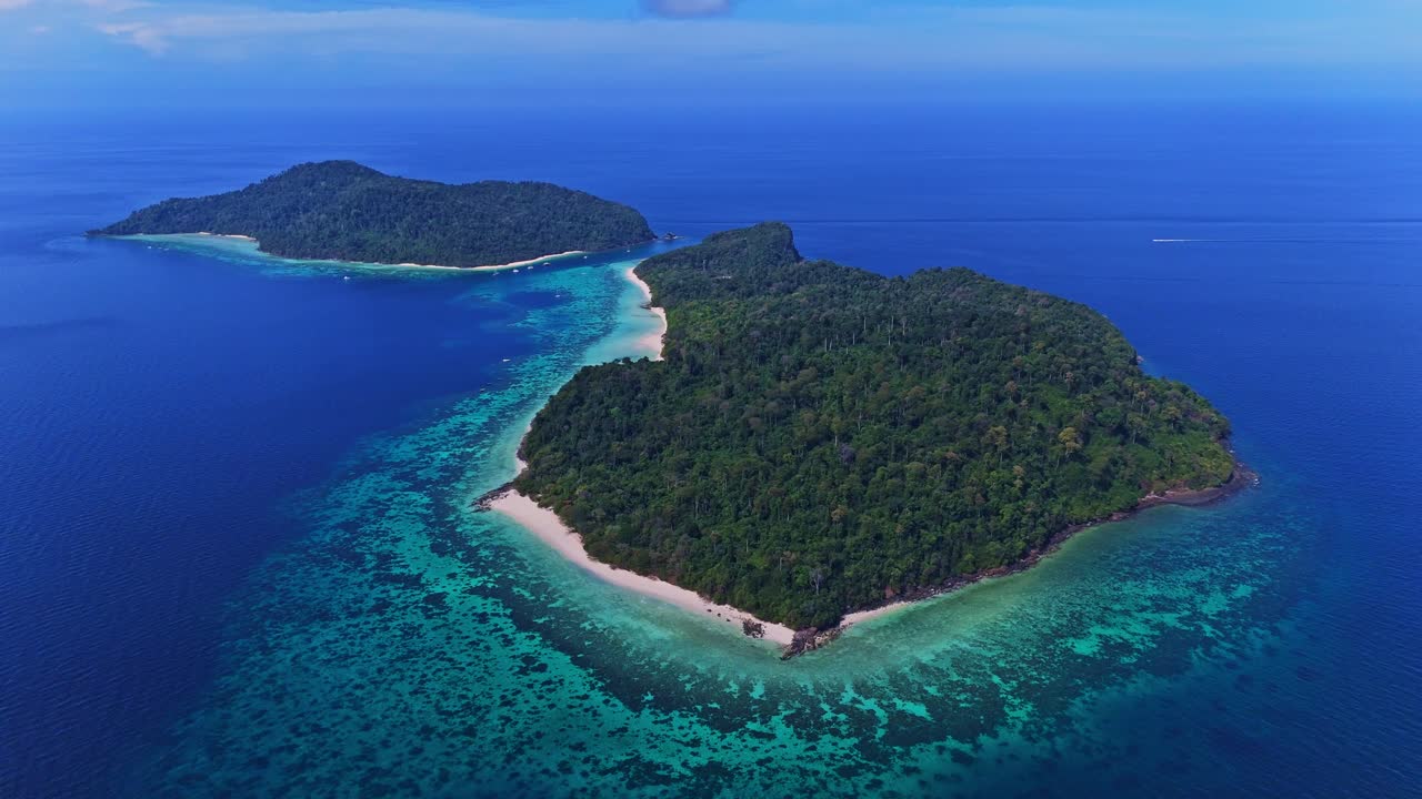 Stunning aerial view of Koh Rok, Trang, Thailand, showcasing the entire lush island, white sandy beaches, and vibrant coral reefs surrounded by crystal-clear blue waters in 4K.