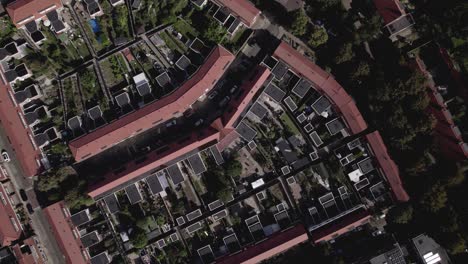 Sideways top down aerial of residential neighbourhood Noordveen in suburbs of Zutphen with distinct shape