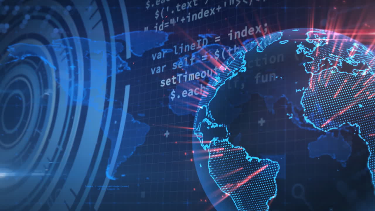 Animation of digital world map with glowing data connections and network lines