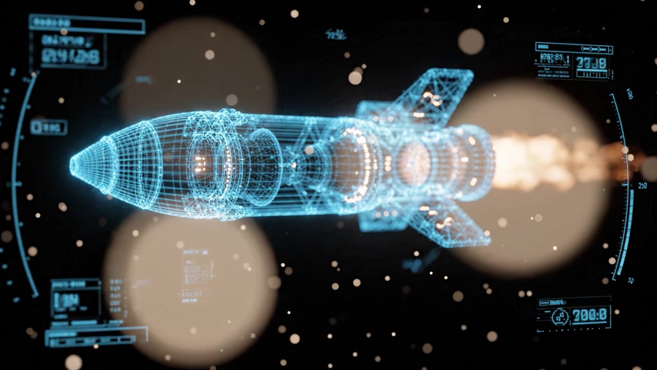 A captivating high-tech rocket launch visualized in stunning 3D graphics, showcasing intricate details, engineering marvels, and a mesmerizing flame trail against a dark backdrop.