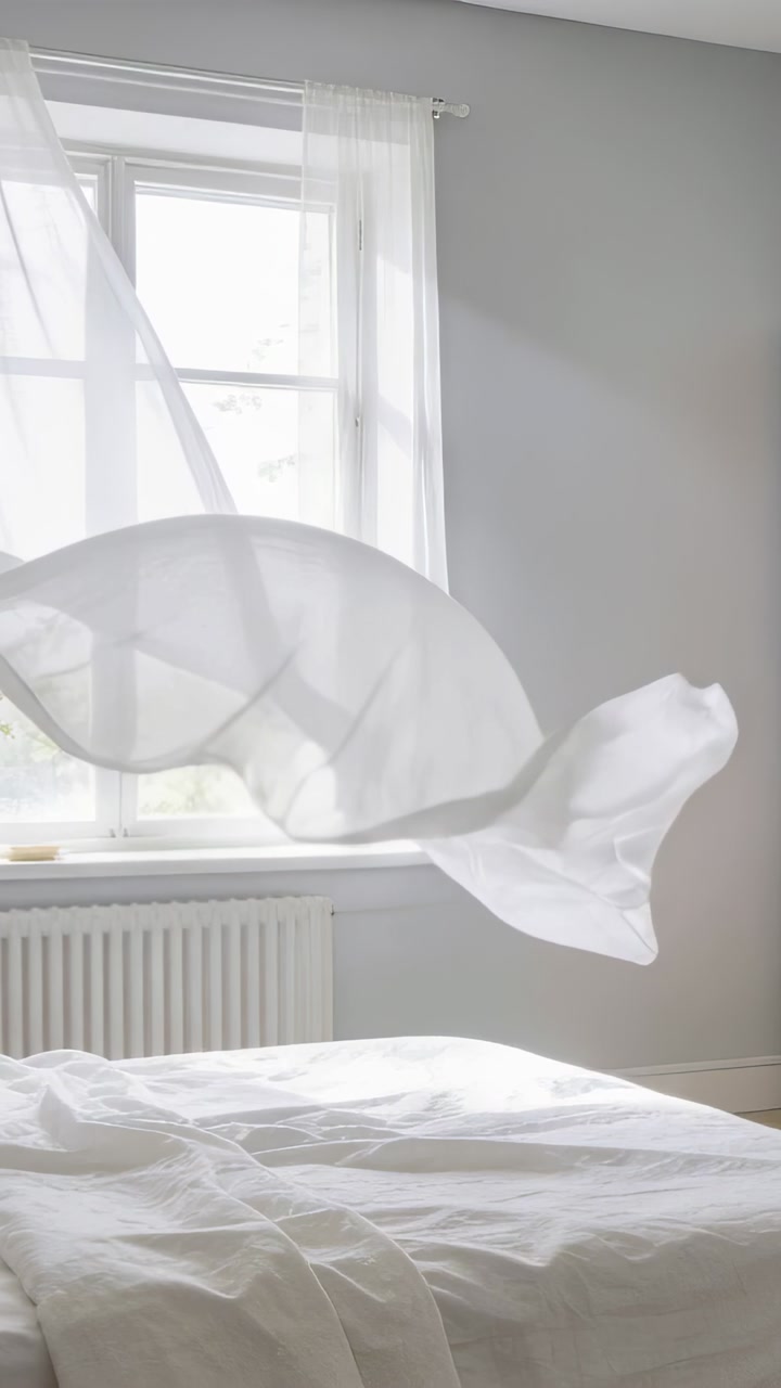 Vertical video: Billowing sheer white curtain drifting from breeze over window above bed, backlit