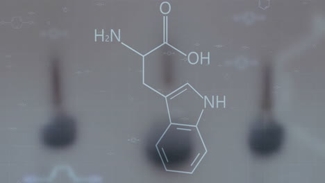 animation of chemical structures over laboratory dishes on grey background