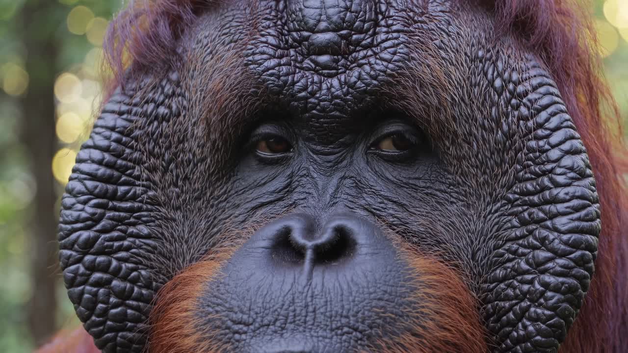 Close-up video shot of an orangutan's face, highlighting textured skin and deep eyes