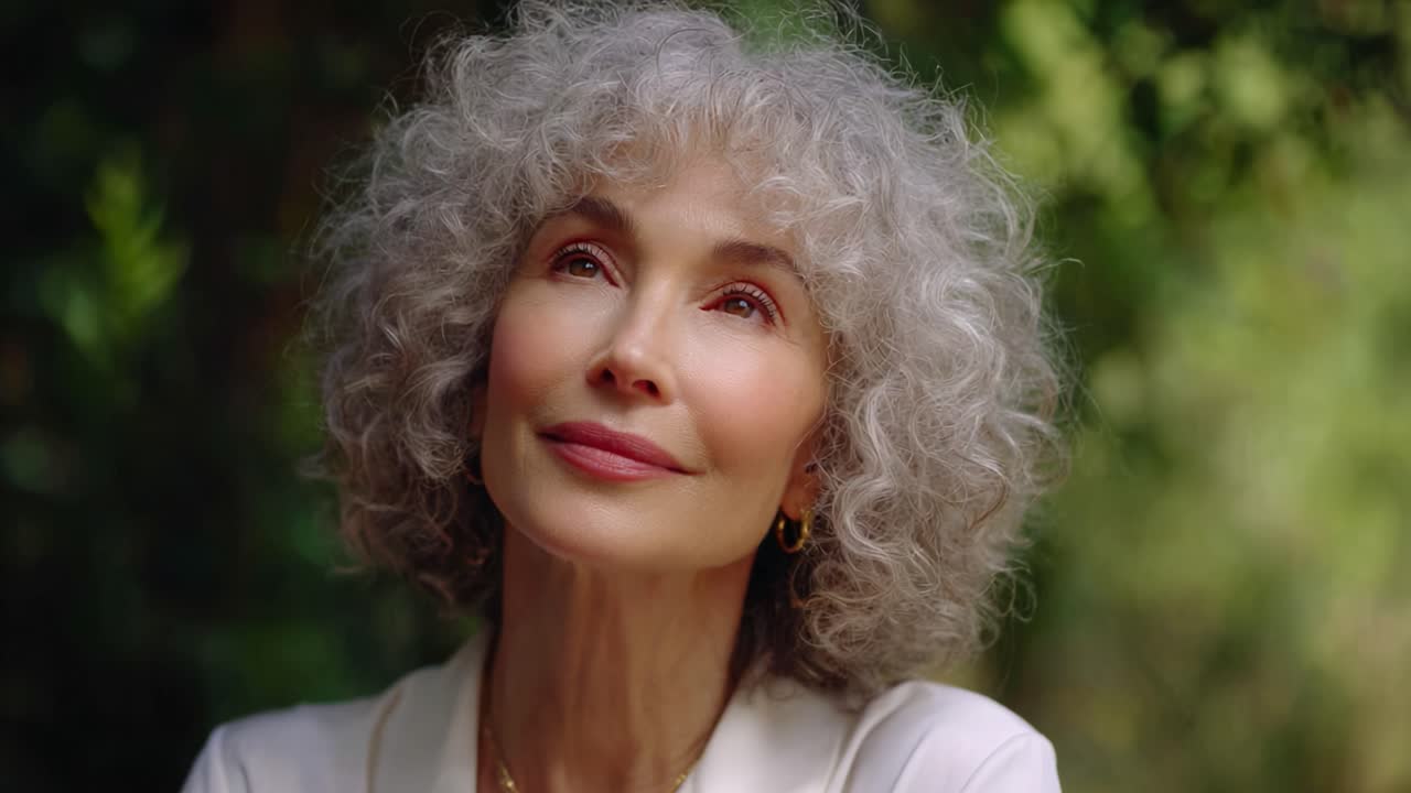 A Captivating Glimpse of Joy: Graceful Woman with Curly Silver Hair Gazes Upward with a Warm Smile Against a Lush Natural Backdrop