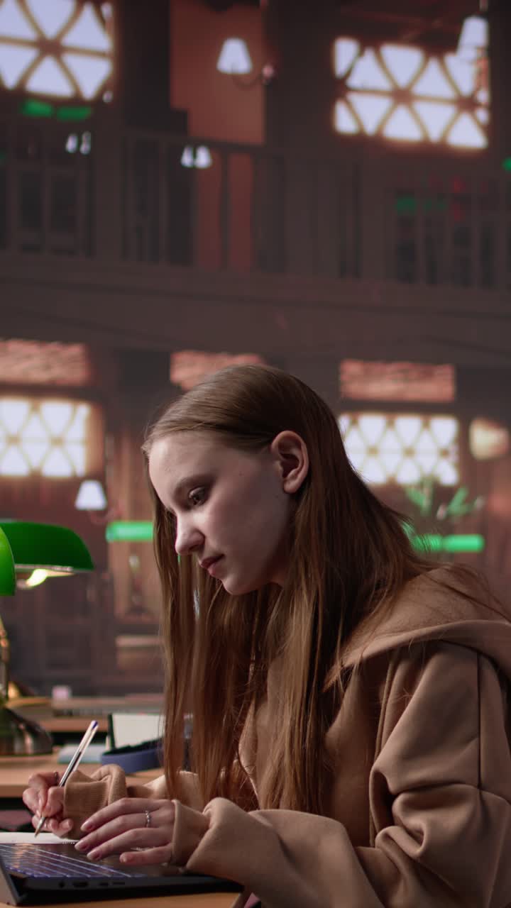 Vertical video female student reading and writing detailed notes for an exam