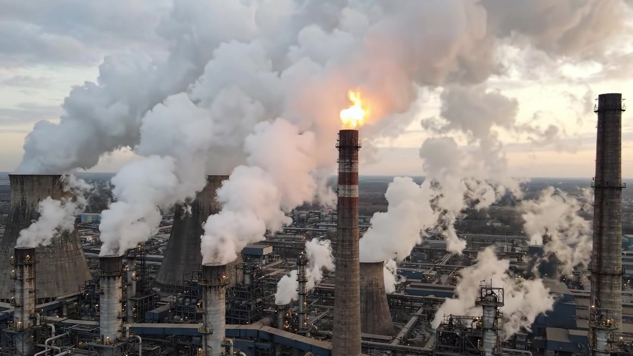 Aerial View of Industrial Complex with Towering Smokestacks Emitting Steam into the Atmosphere During Sunset, Highlighting Energy Production and Environmental Impact