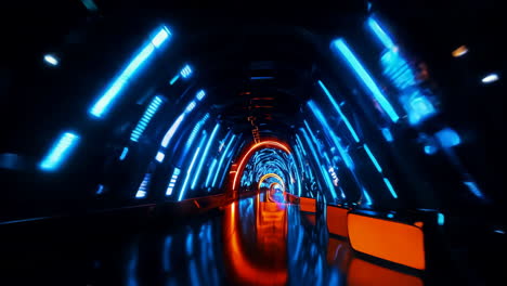a dark tunnel with neon lights. the lights are blue and red. the tunnel is long and narrow