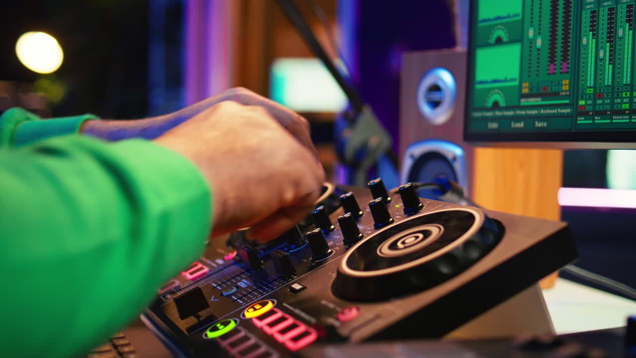 헤드을 가진 오디오 엔지니어가 녹음된 파일을 싱하고 마스터링합니다.