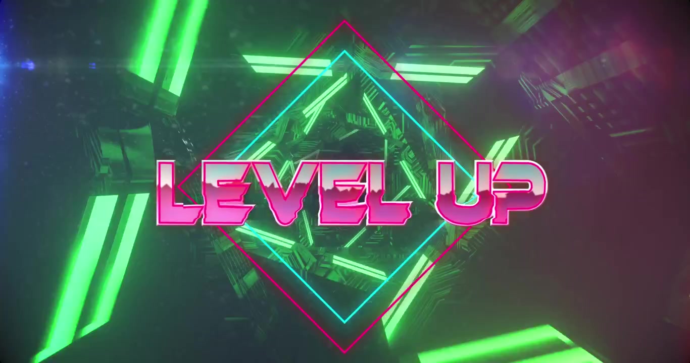 Animazione di un banner di testo 'level up' su un tunnel luminoso verde neon con un motivo continuo