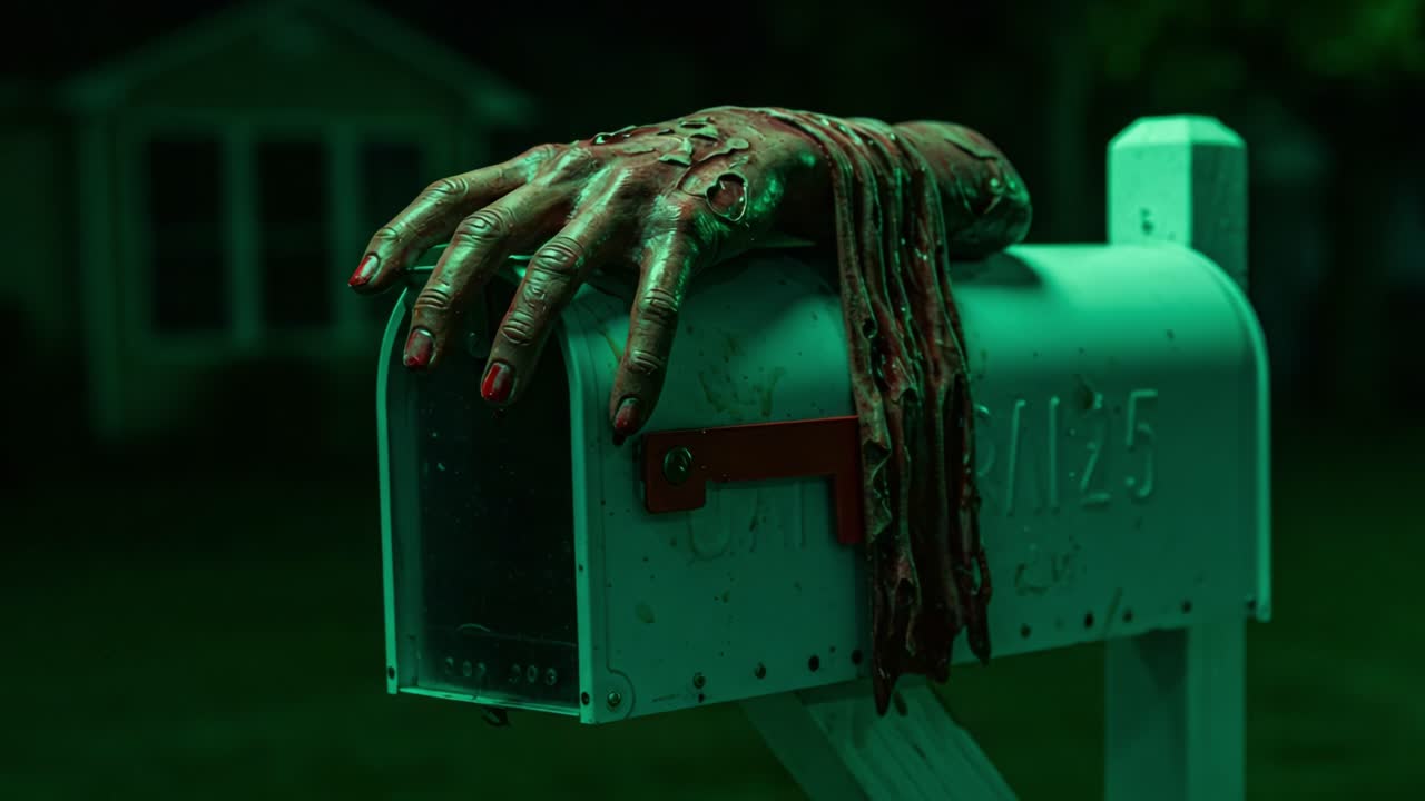 A creepy and unsettling scene of a dismembered hand emerging from a mailbox, evoking horror themes and adding a chilling element to an otherwise mundane neighborhood setting
