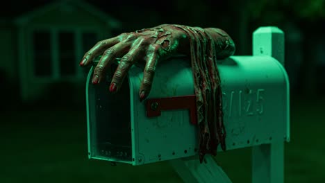 a creepy and unsettling scene of a dismembered hand emerging from a mailbox, evoking horror themes and adding a chilling element to an otherwise mundane neighborhood setting