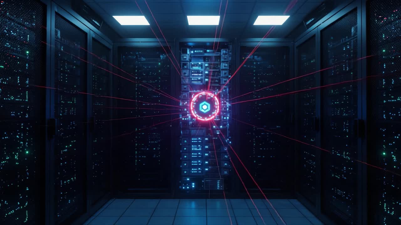 Exploring a High-Tech Data Center: A Futuristic Visualization of Data Flow with Bright Laser Lines Illuminating a Central Server amidst Dark Surroundings