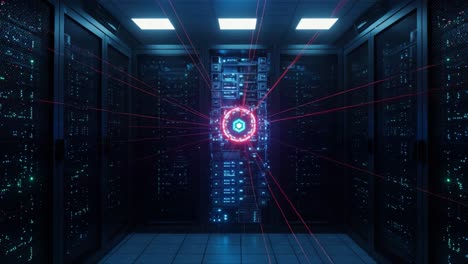 exploring a high-tech data center: a futuristic visualization of data flow with bright laser lines illuminating a central server amidst dark surroundings