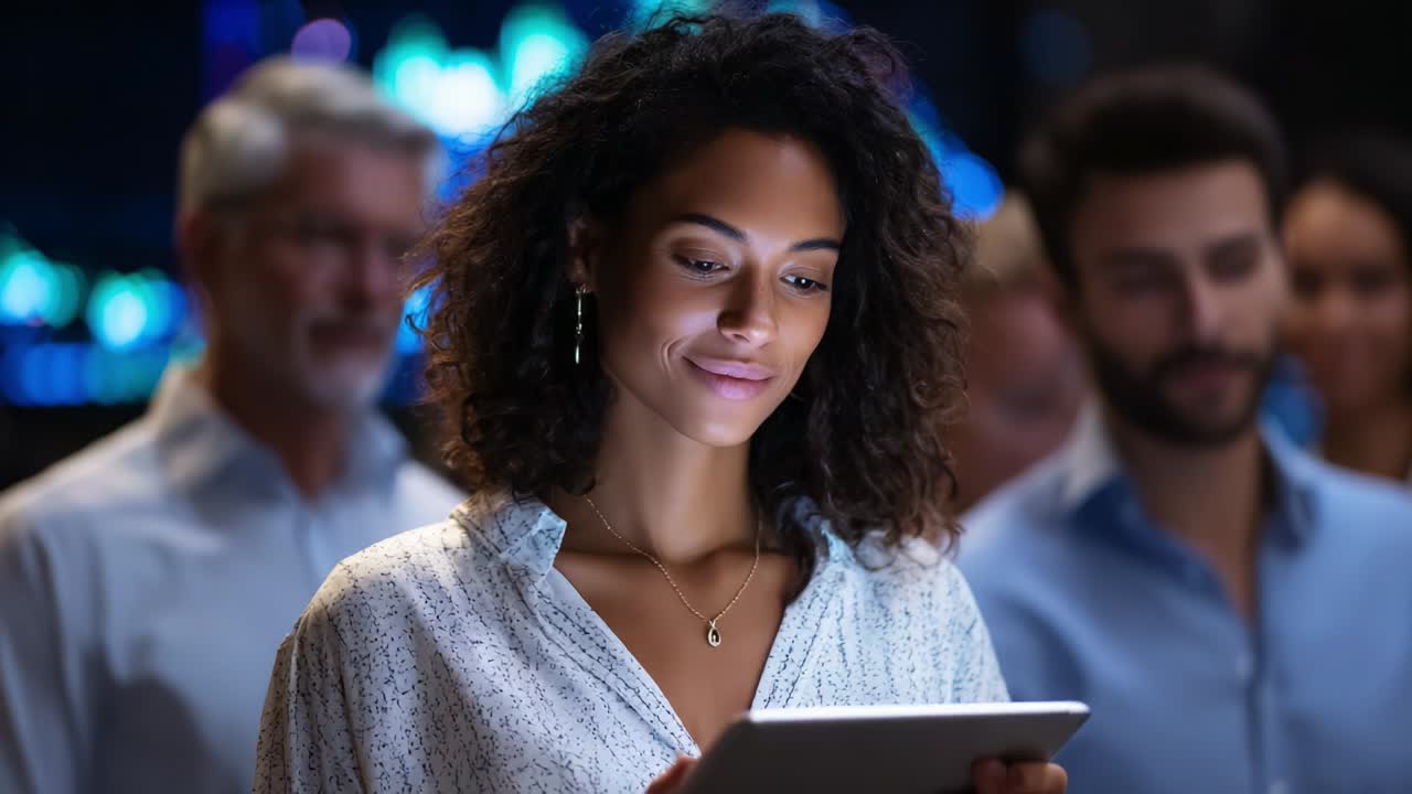Captivated by Technology: A Young Woman Engages with Her Tablet Amid a Crowd at an Evening Event, Demonstrating the Connection Between People and Digital Devices in a Modern Society