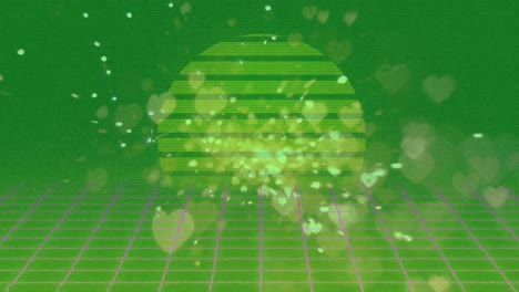 animation of grid and falling hearts and sun over green background