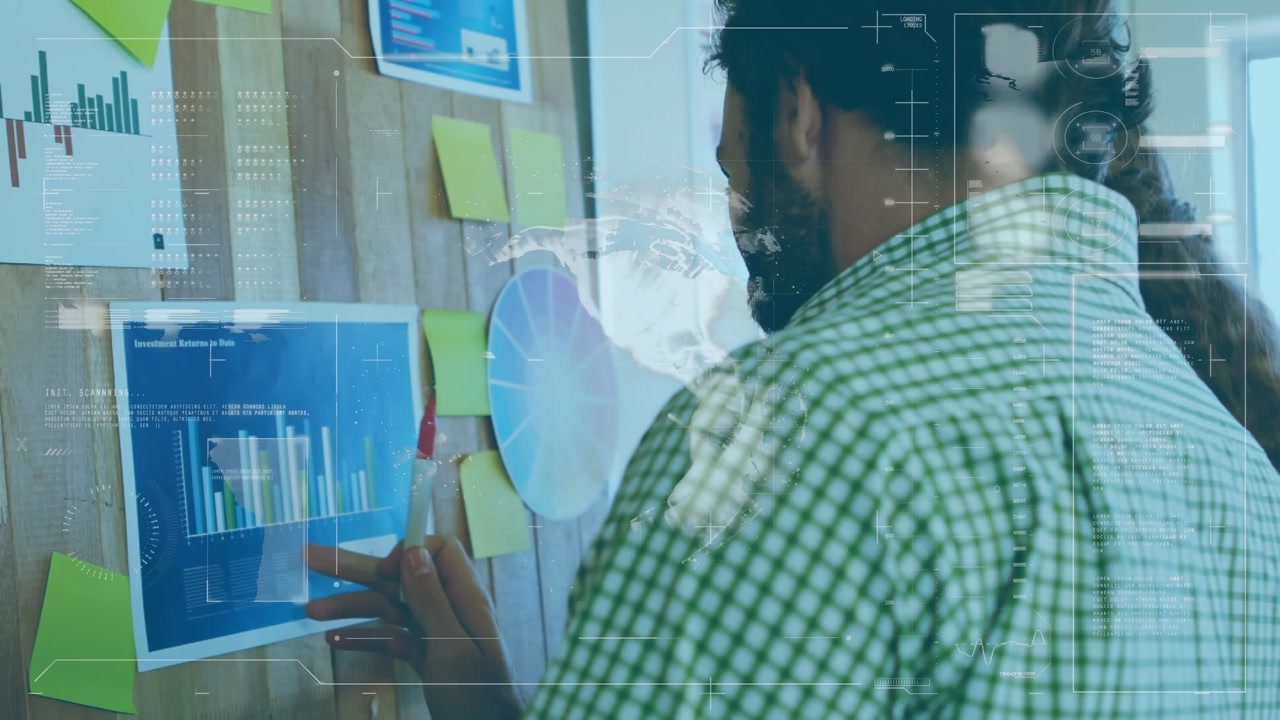 Animation of data processing over diverse business people in office
