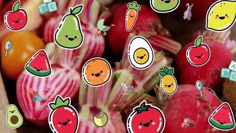 Animation-of-fruit-and-vegetables-falling-over-fresh-fruit-and-vegetables