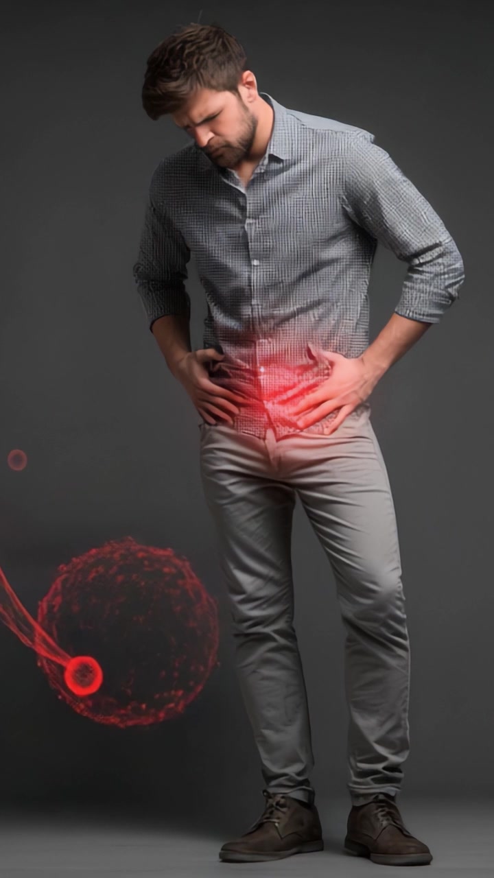 Male figure standing with hands on his abdomen, depicting discomfort, possibly related to a health issue, illustrated with glowing red effects emphasizing the area of concern.
