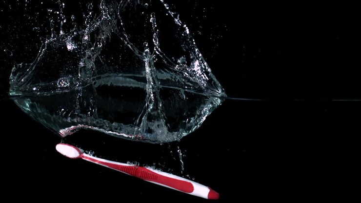Pink toothbrush falling in water on black background