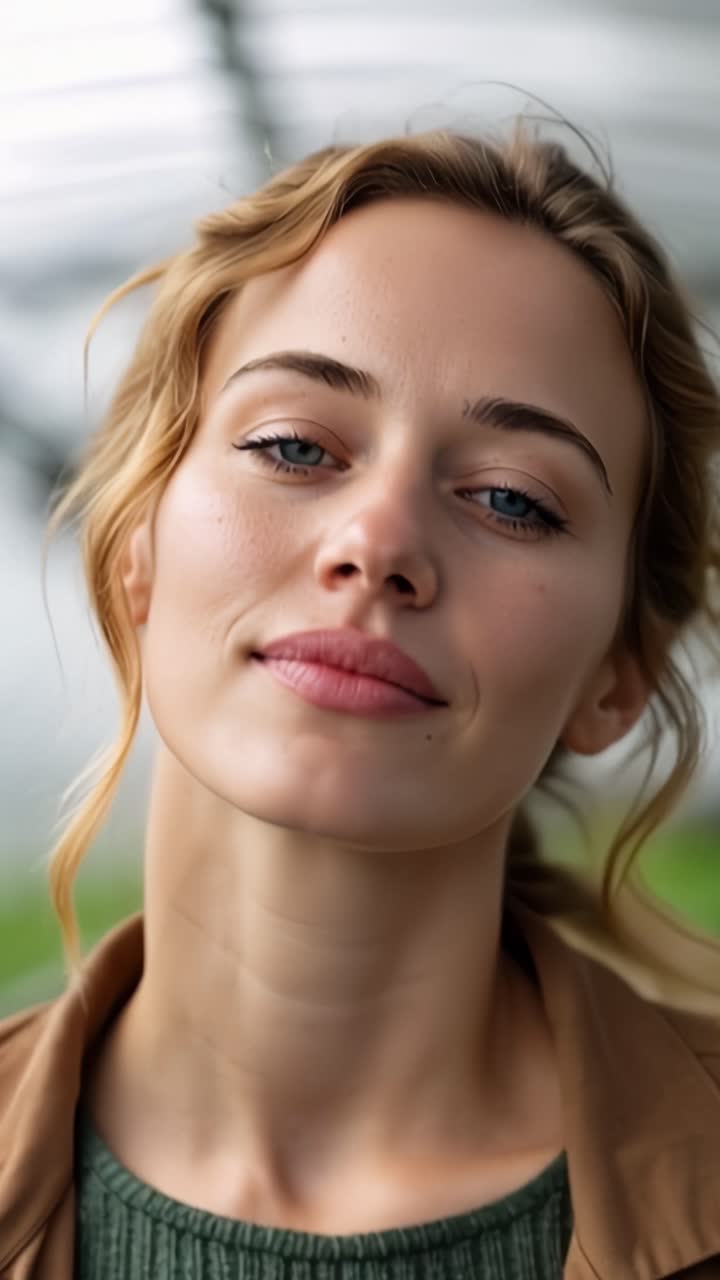 Ritrattto ravvicinato accattivante di una giovane donna con sorprendenti occhi blu e trucco naturale su uno sfondo morbido, sottolineando la sua grazia e compostezza.