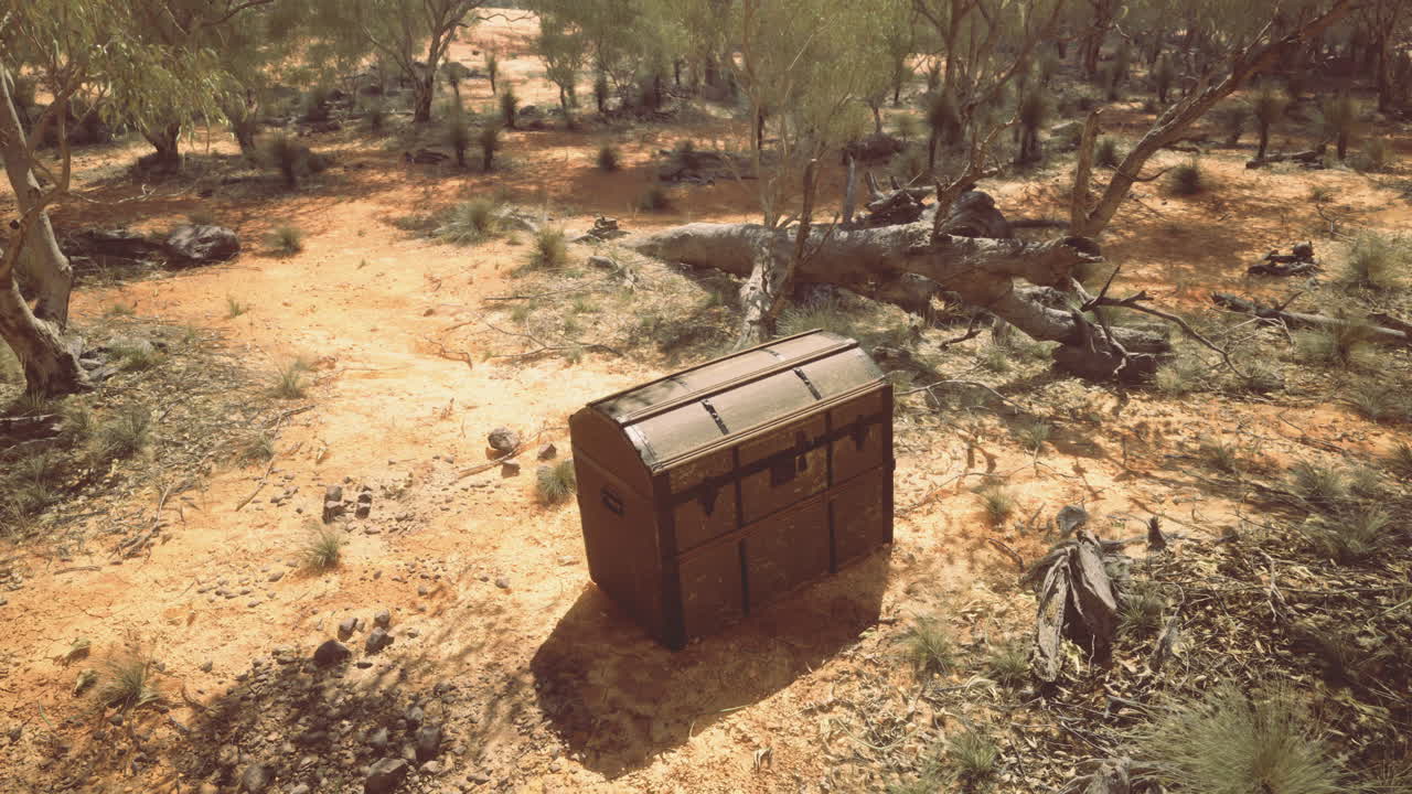 Treasure chest discovered in the dusty australian outback under sunlit trees