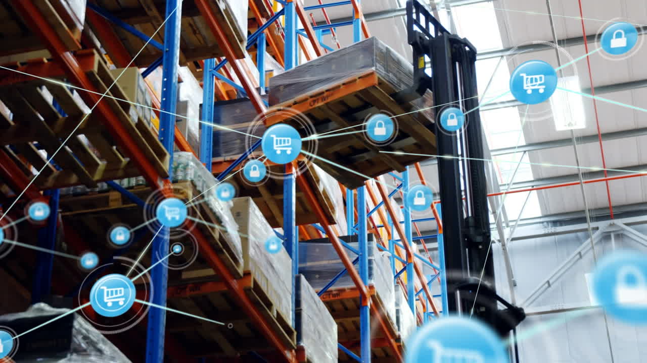 animación de la red de conexiones con iconos sobre el almacén