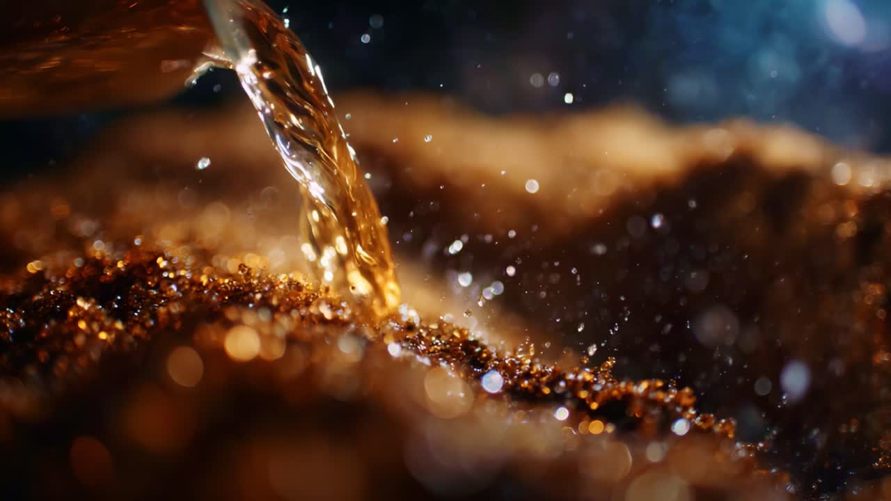Primo piano di un liquido che scorre su granuli dorati e lucenti, che mostra il contrasto tra la superficie scintillante e i colori intensi del liquido