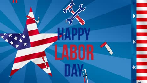 animation of happy labor day text over tools and star coloured with american flag