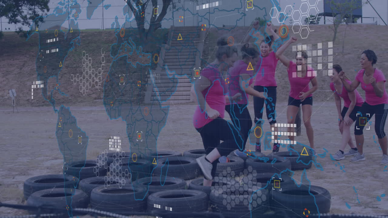 Women exercising on tires with digital world map and data overlay animation