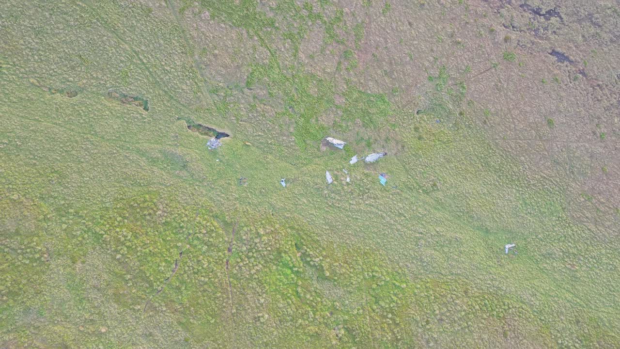 Aerial view of North American Sabre F.Mk 4 plane crash site in the remote mountains of the Peak District National Park, UK