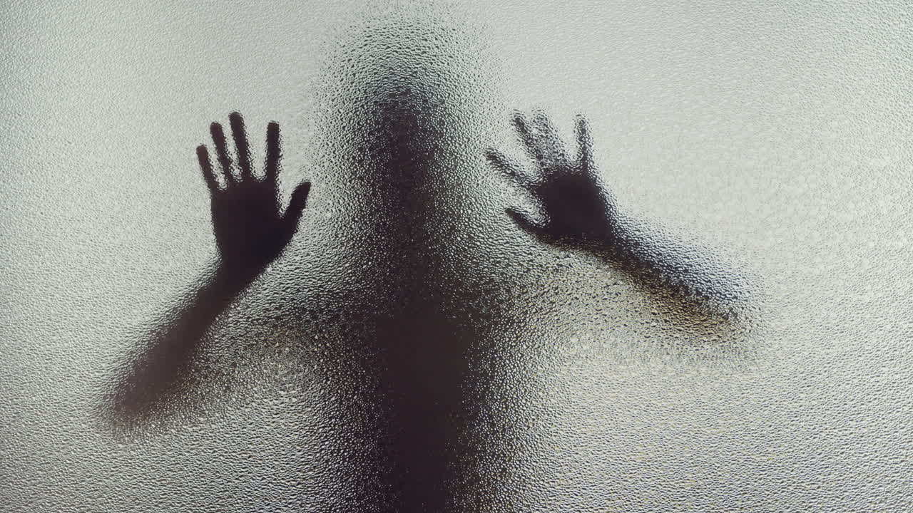 A female silhouette behind the frosted glass moves slowly and screems