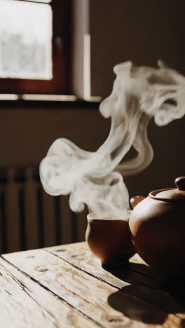 steaming hot tea on a rustic wooden table in sunlight