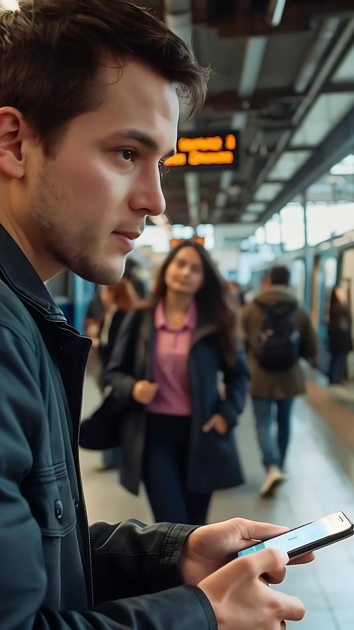 Vertical video: Tapping phone, man with pack checking schedule at train station with train arriving