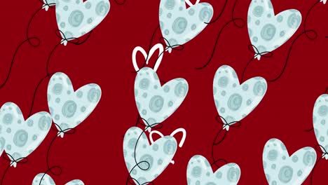 Animation-of-white-heart-balloons-floating-on-red-background