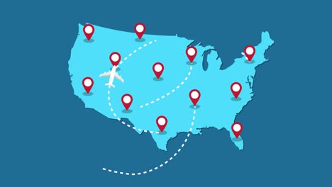 rutas de aviones que vuelan sobre estados unidos mapa, turismo y concepto de viaje, animación gráfica