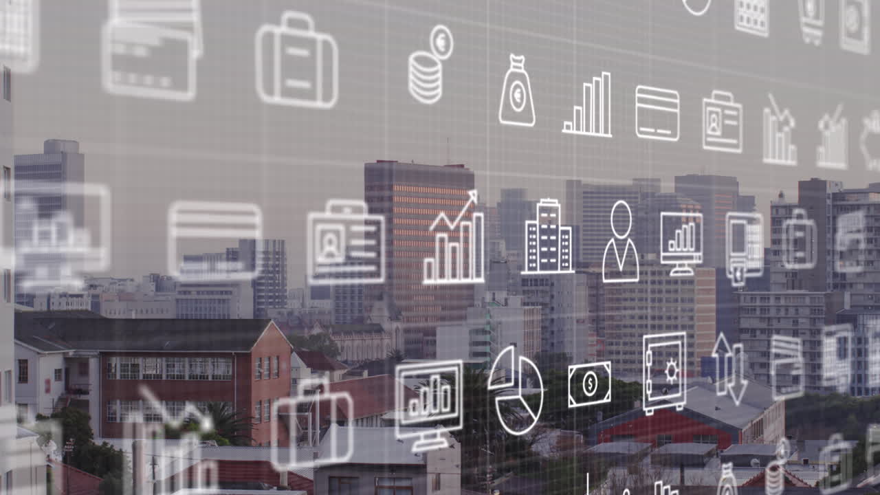 animación de iconos financieros y procesamiento de datos en el paisaje urbano.
