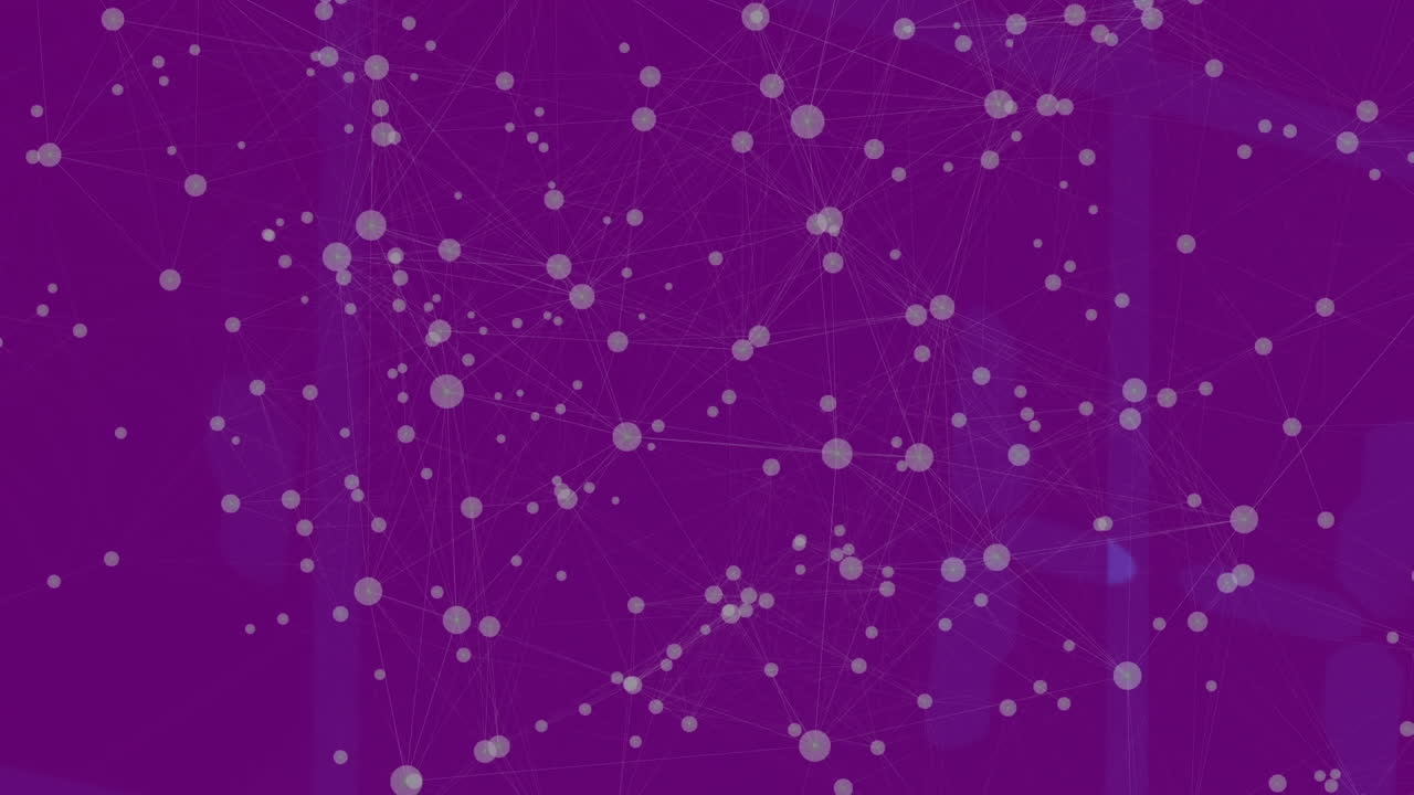 animación de puntos conectados con líneas y patrón abstracto contra un fondo púrpura.