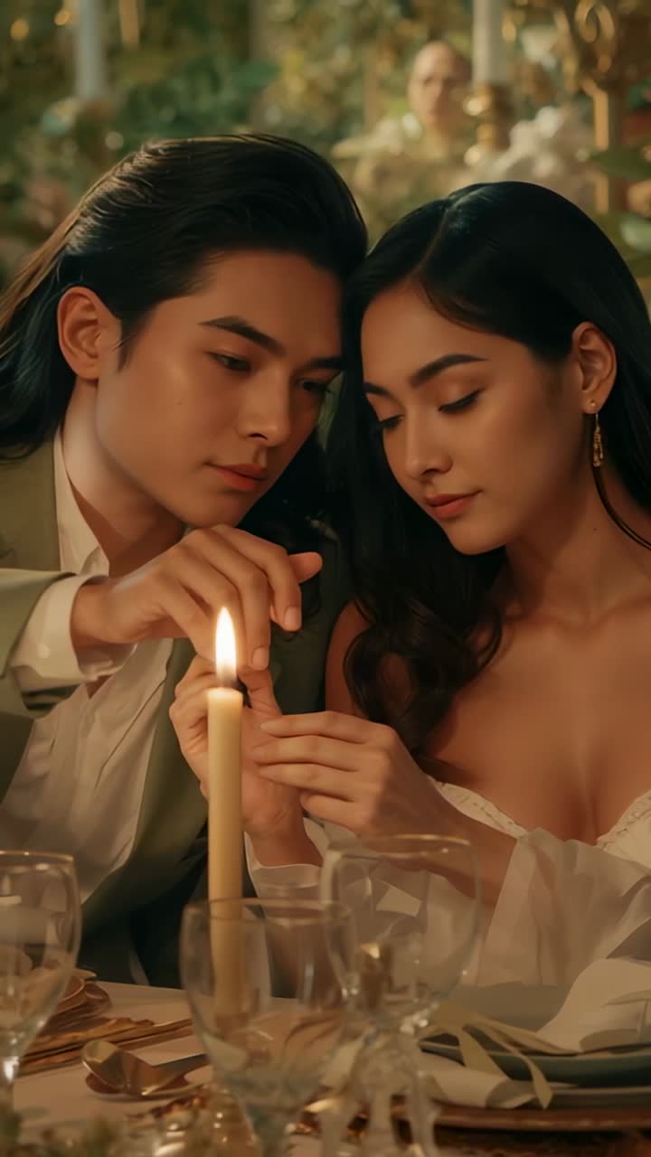 Vertical video: Asian couple sparking lighter and lighting candle in garden dining area with blooms