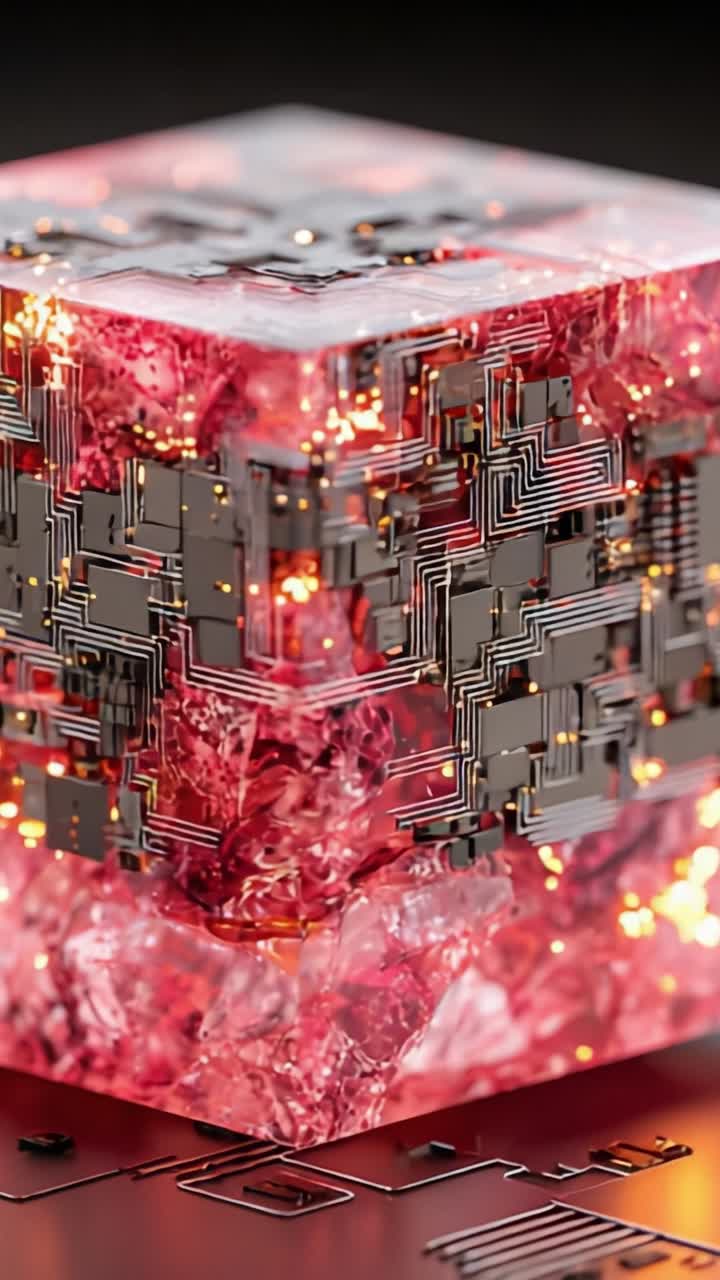 A Stunning Fusion of Technology and Art: This Enigmatic Cube Combining Electronics and Luminescence Captivates with its Intricate Circuitry and Vibrant Red-Hued Glimmer