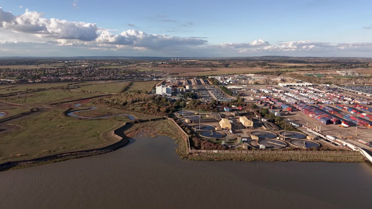 Aerial view establishing Tilbury 2 RoRo shipping terminal on the Essex river Thames port