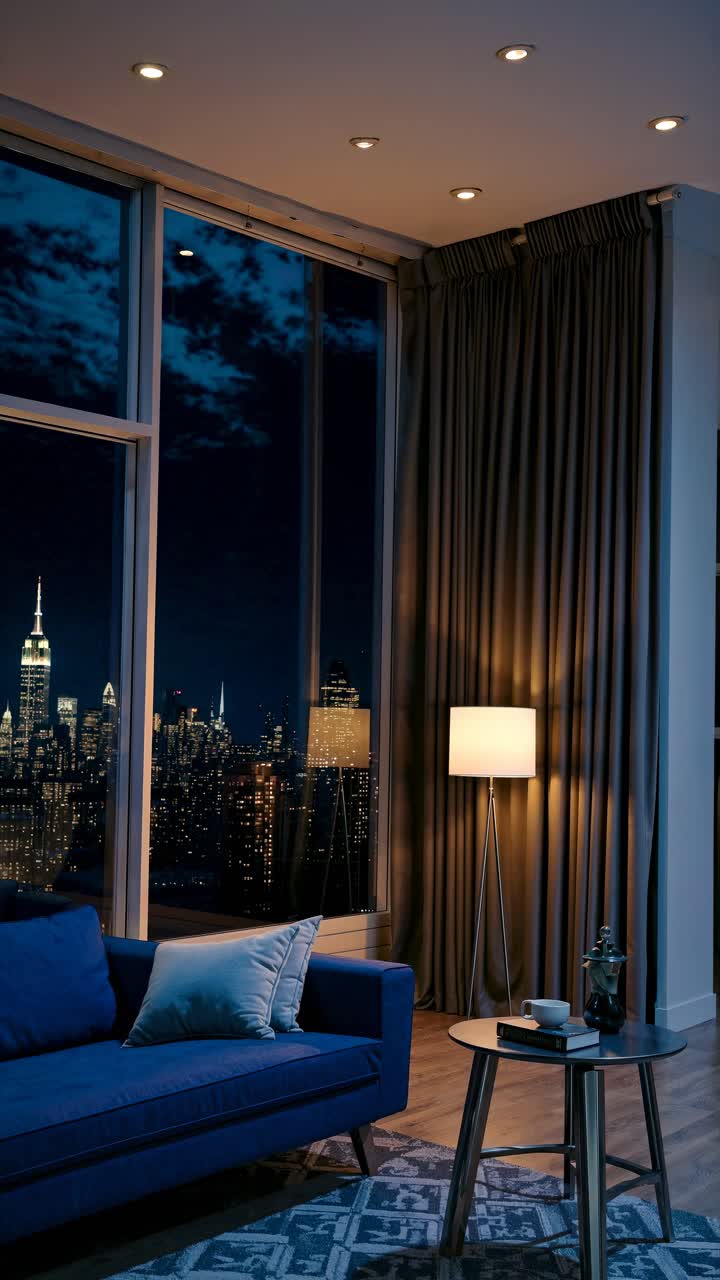 Un soggiorno accogliente di notte con vista sullo skyline della città. Inquadratura dal basso, catturando l'atmosfera circostante