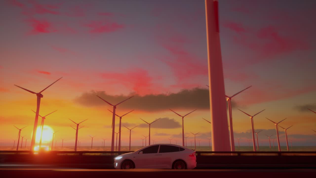 태양이 지는 동안 풍력 터빈을 배경으로 고속도로에서 일반적인 전기 자동차 드라이브의 3d 렌더링.