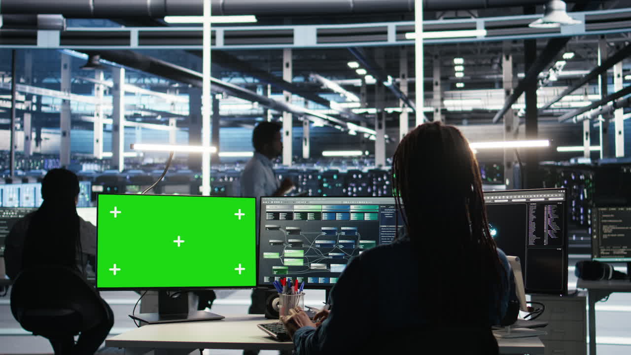 Server farm engineer using node tree systems on green screen PC