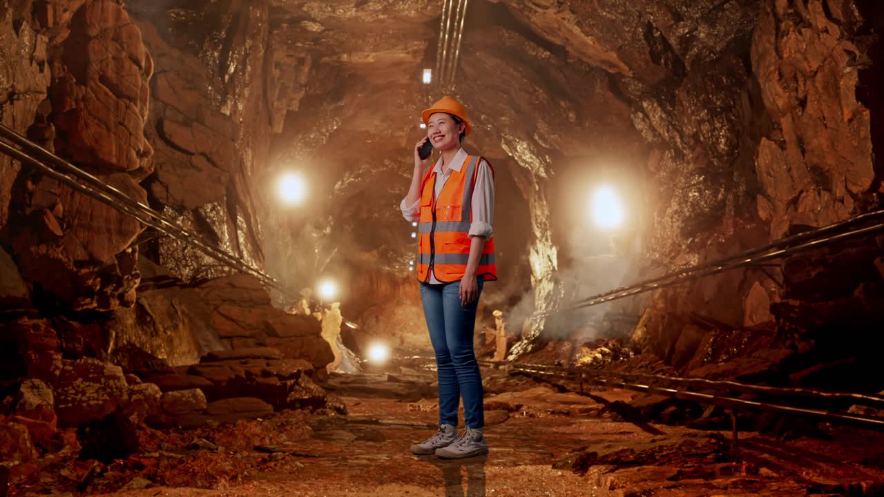 Woman Miner Talking on Phone in a Mine Tunnel