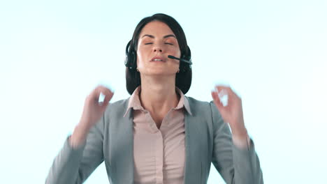 angry, stress and a call center woman on a studio